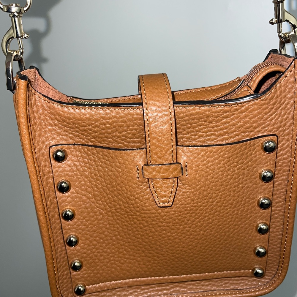 Rebecca Minkoff Brown Pebbled Leather Studded Shoulder Bag Hobo Boho Purse